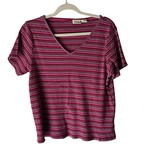 St Johns Bay Shirt Vintage Y2k Extra Large Pink Striped V Neck Short Sleeve - Picture 1 of 7